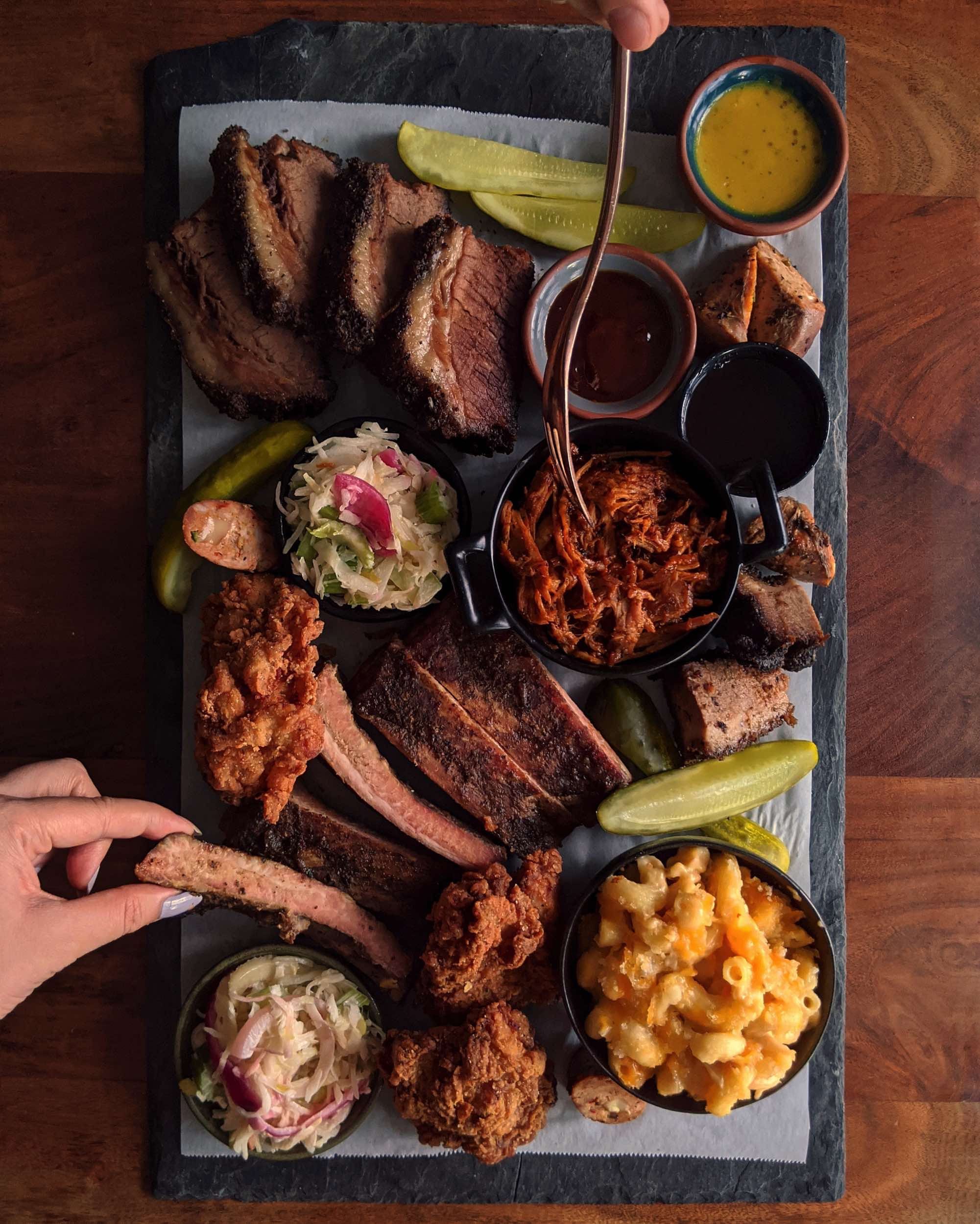A loaded barbecue platter